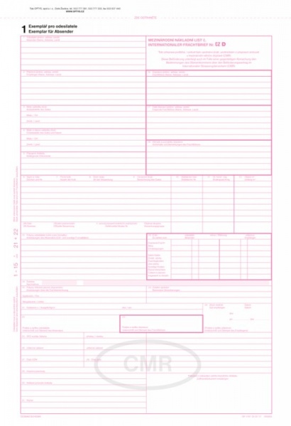 Mezinárodní nákladní list CMR číslovaný 5 listů